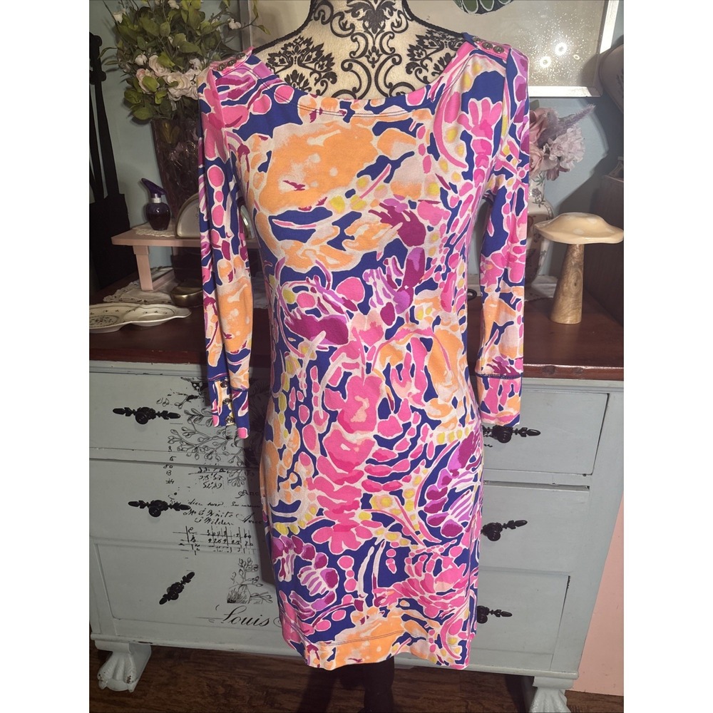 Lilly Pulitzer Shift Dress XS Gold Button Trim Preppy Colorful Resort Feminine